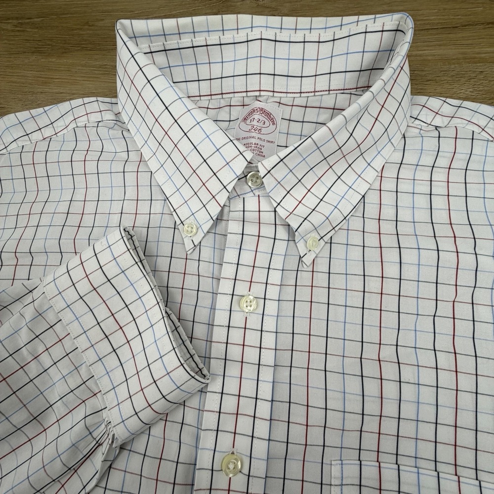 Brooks Brothers Original Polo Non-Iron White Check‎ Dress Shirt Mens Size 17 2/3